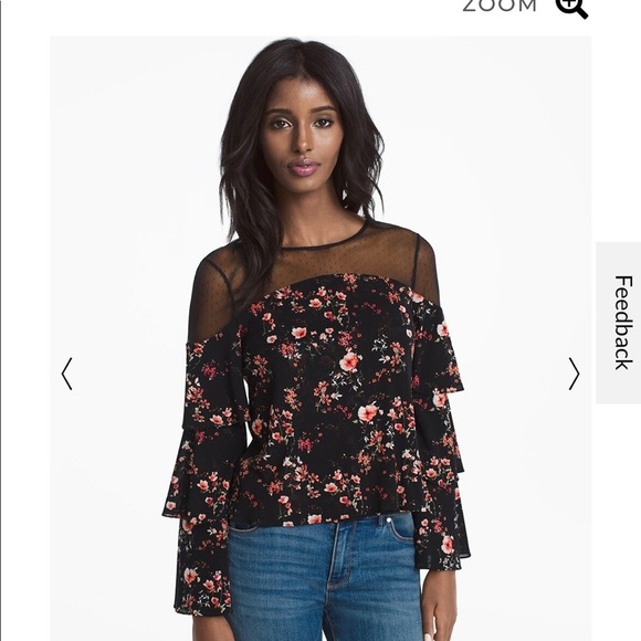 NWOT WHBM Floral print / mesh dot / blouse tiered bell sleeves stretch Small - Picture 4 of 12